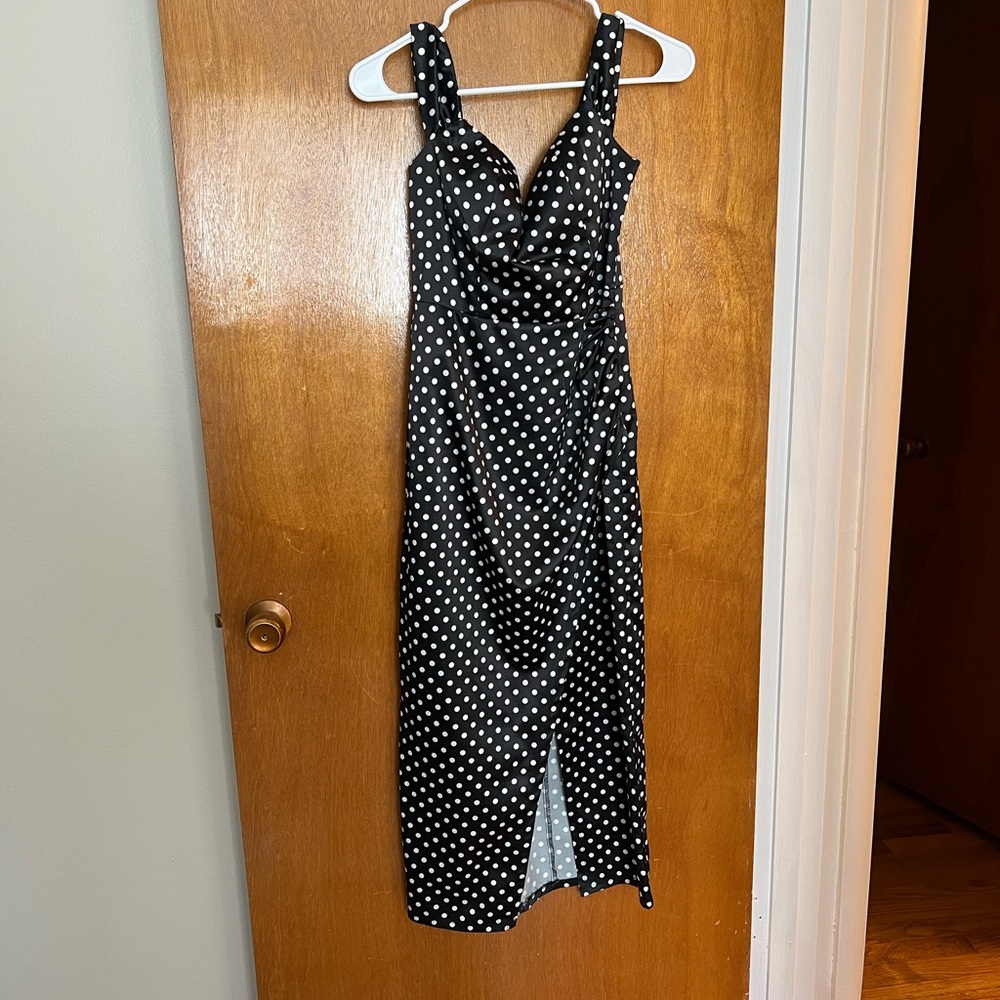 Black Polka Dot Midi Dress with Front Slit